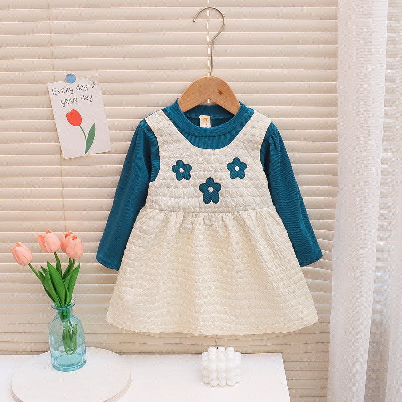 [352361] - Mini Dress Bunga Lengan Panjang Anak Perempuan - Motif Flower Texture