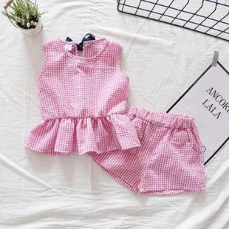 [363103-PINK] - Setelan Fashion Anak Perempuan Modish - Motif Small Gingham
