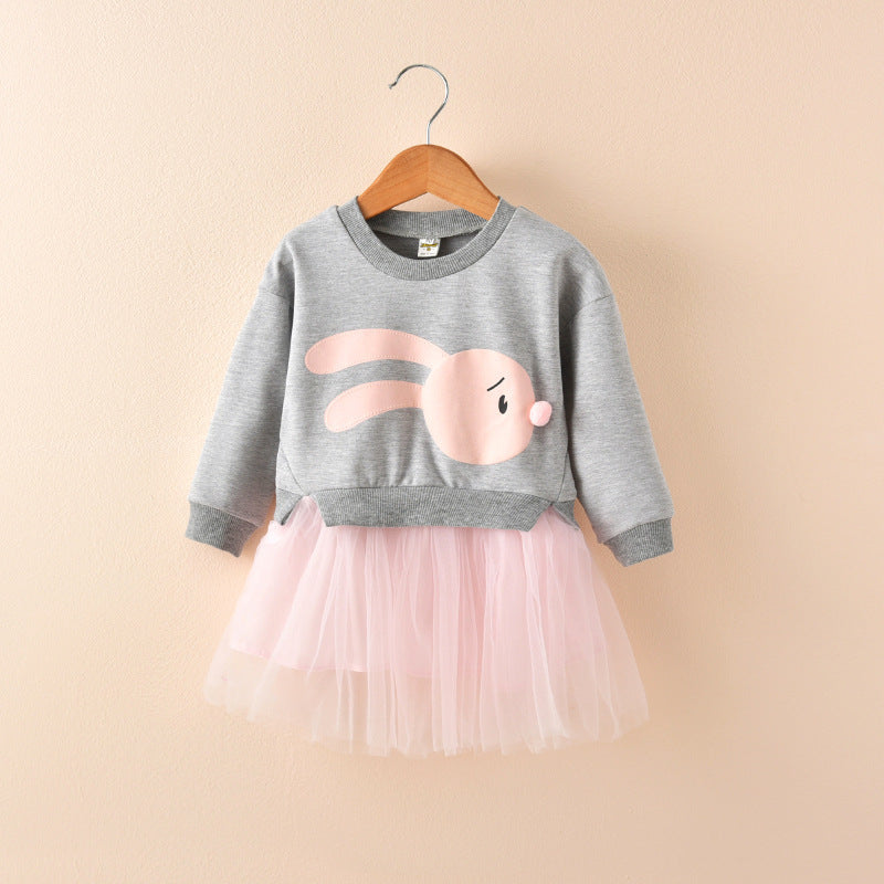 [363104-GRAY] - Dress Fashion Anak Perempuan Modis - Motif 3D Rabbit Nose