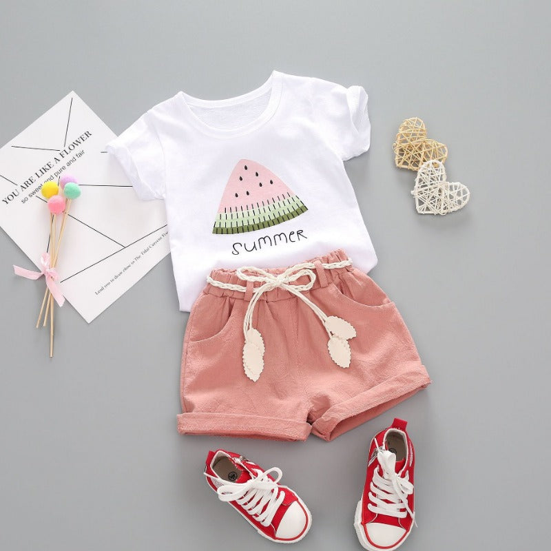 [363142-WHITE PINK] - Setelan Kaos Lucu Fashion Anak - Motif Watermelon Chunks