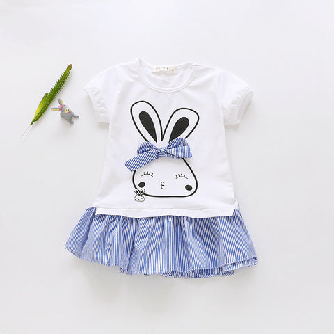 [363241-WHITE BLUE] - Dress Fashion Trend Anak Perempuan - Motif Rabbit 3D Ribbon