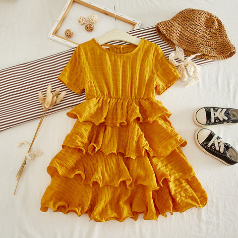 [363252-MUSTARD] - Dress Fashion Trend Anak Perempuan - Motif Layer Lines
