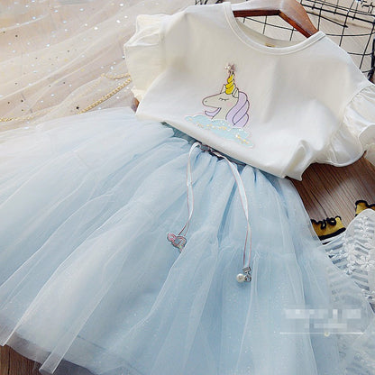 [363260-WHITE BLUE] - Setelan Fashion Trend Anak Perempuan - Motif Unicorn Tutu