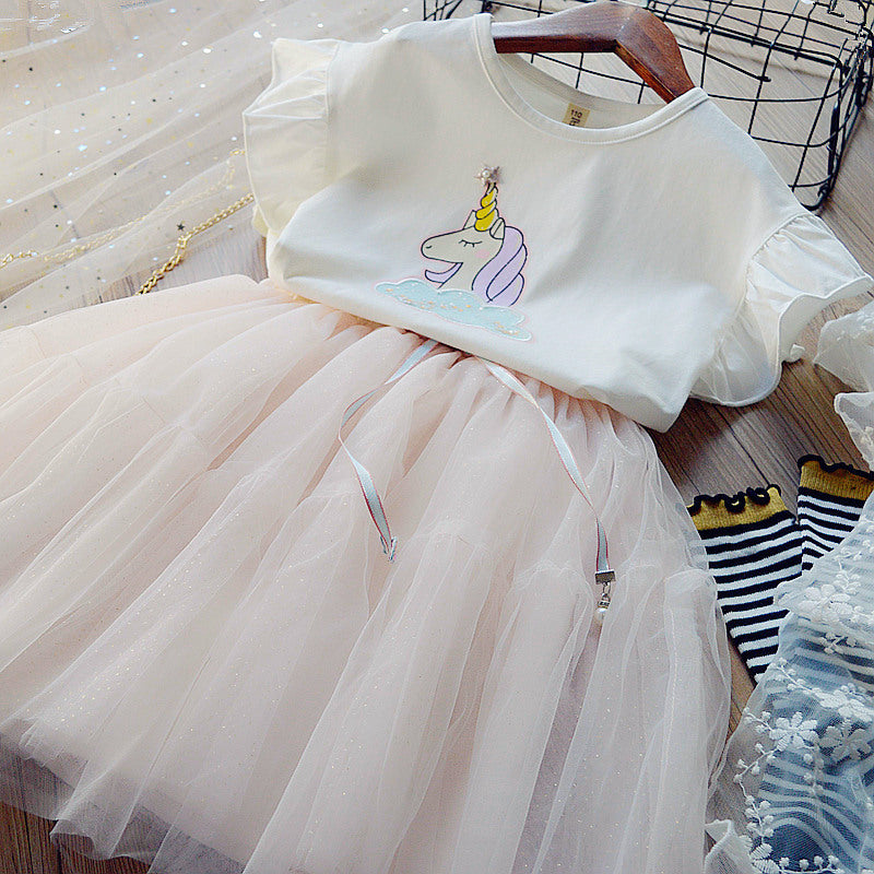 [363260-WHITE PINK] - Setelan Fashion Trend Anak Perempuan - Motif Unicorn Tutu