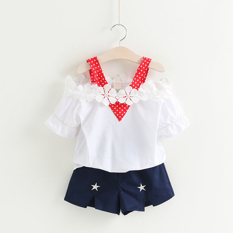 [363309-WHITE RED] - Setelan Fashion Anak Perempuan - Motif Flower Lace