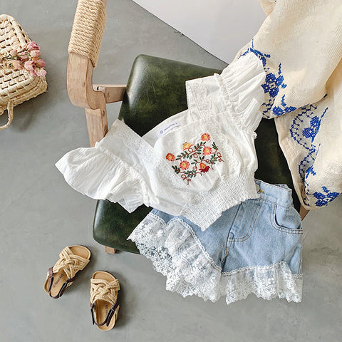 [363341] - Oneset Korea Anak Cewek Setelan Kutung Fashion Casual Anak Perempuan - Motif Beautiful Flower Bordir