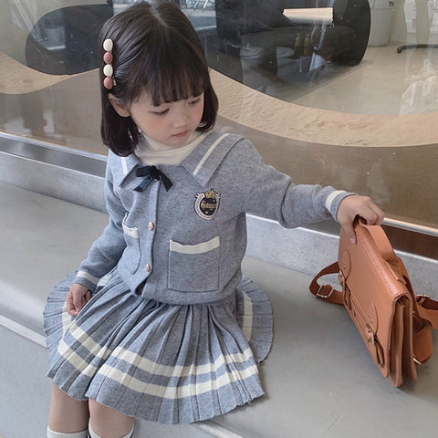 [363403] - Oneset Knit Rajut Uniform Korea Jepang Setelan Seragam Sekolah Fashion Outfit Rok Plisket Anak Cewek Perempuan - Motif White Line