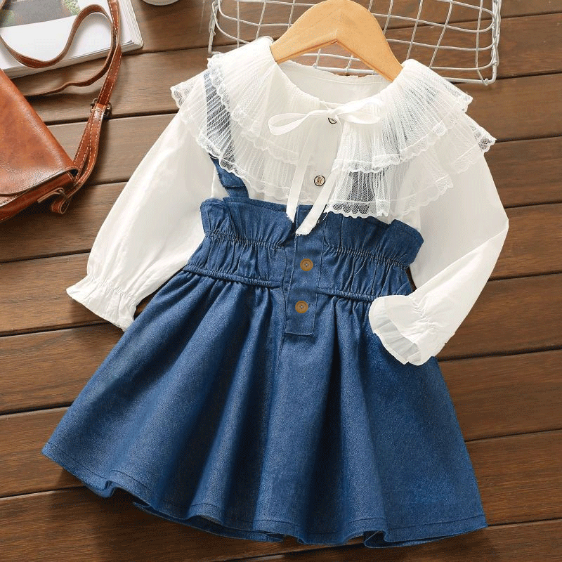 [363444] - Setelan Suspender Rok Fashion Anak Perempuan - Motif Ribbon Button