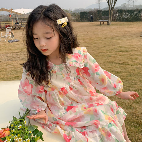 [363469] - Long Dress Anak Perempuan Lengan Balon – Gaun Piknik Cantik Floral Aesthetic Estetik - Motif Fading Flowers