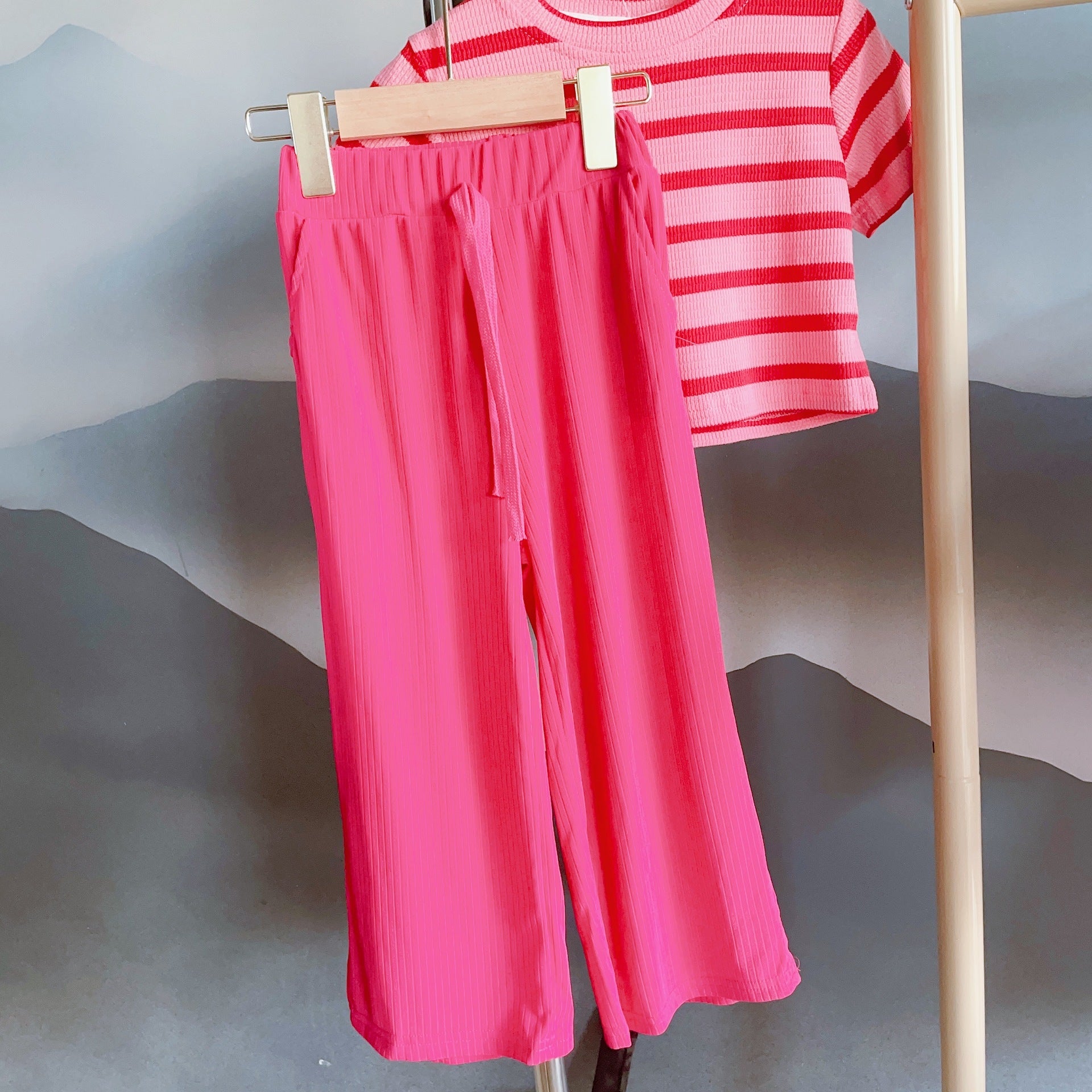 [363517] - Setelan Kaos Belang Celana Panjang Kulot Anak Perempuan - Motif Strip Plain