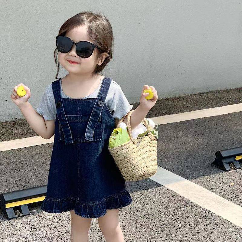 [363528] - Setelan Kaos Mix Overall Kodok Jeans Anak Perempuan - Motif Plain Casual
