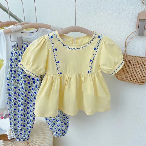 [363535] Setelan Oneset Vintage Korea Klasik Baju Kaos Blouse Celana Panjang Jogger Anak Perempuan - Motif Wide Colour
