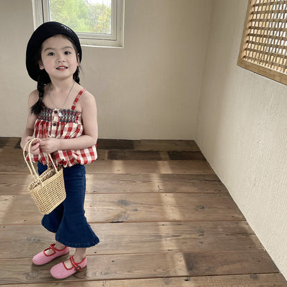 [363536] - Setelan Blouse Kutung Celana Panjang Jeans Cutbray Anak Perempuan - Motif Tartan Plaid