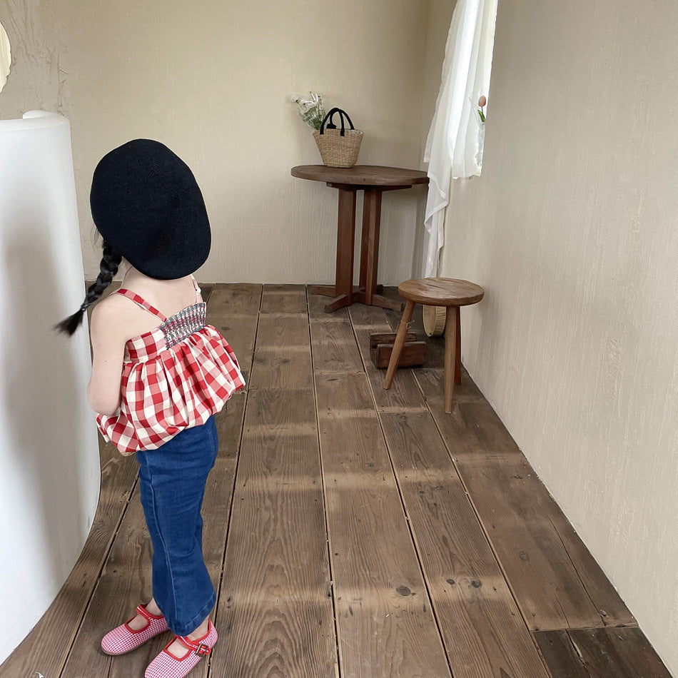 [363536] - Setelan Blouse Kutung Celana Panjang Jeans Cutbray Anak Perempuan - Motif Tartan Plaid