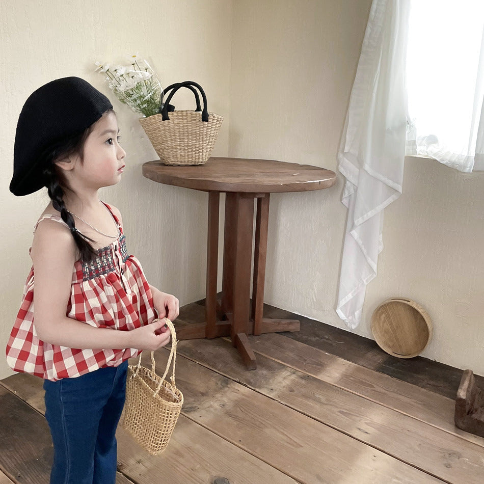 [363536] - Setelan Blouse Kutung Celana Panjang Jeans Cutbray Anak Perempuan - Motif Tartan Plaid