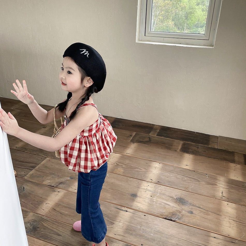 [363536] - Setelan Blouse Kutung Celana Panjang Jeans Cutbray Anak Perempuan - Motif Tartan Plaid