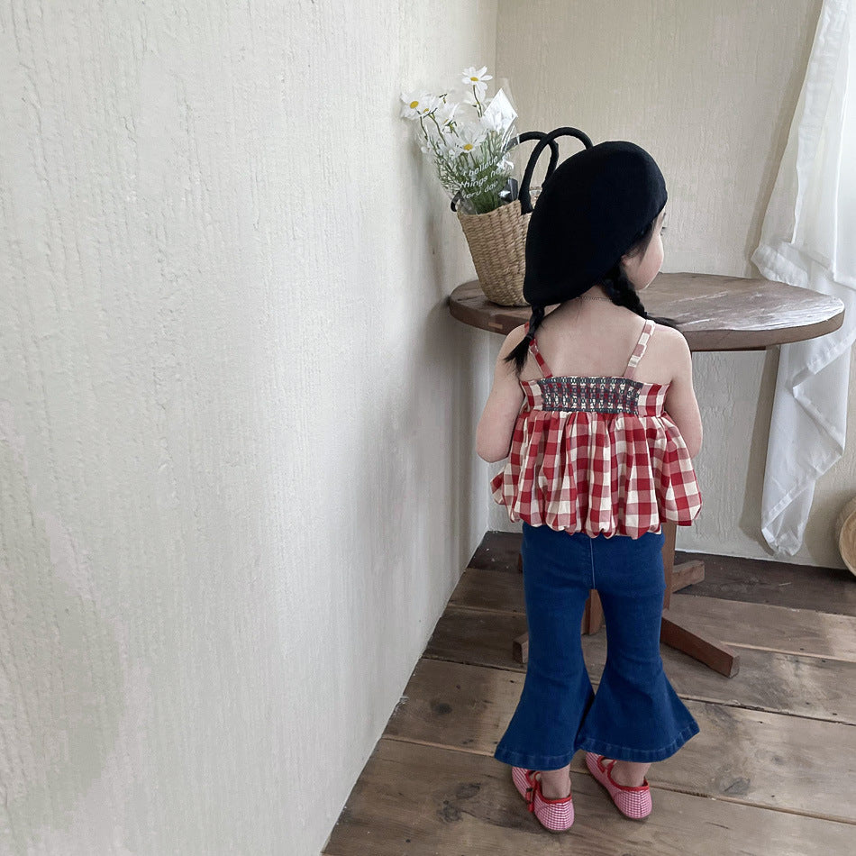 [363536] - Setelan Blouse Kutung Celana Panjang Jeans Cutbray Anak Perempuan - Motif Tartan Plaid
