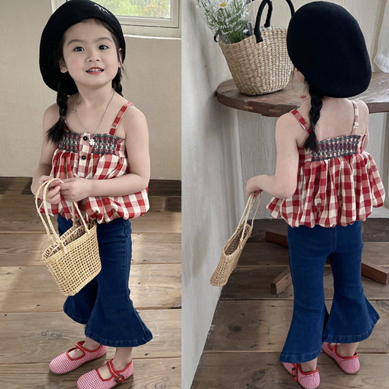 [363536] - Setelan Blouse Kutung Celana Panjang Jeans Cutbray Anak Perempuan - Motif Tartan Plaid