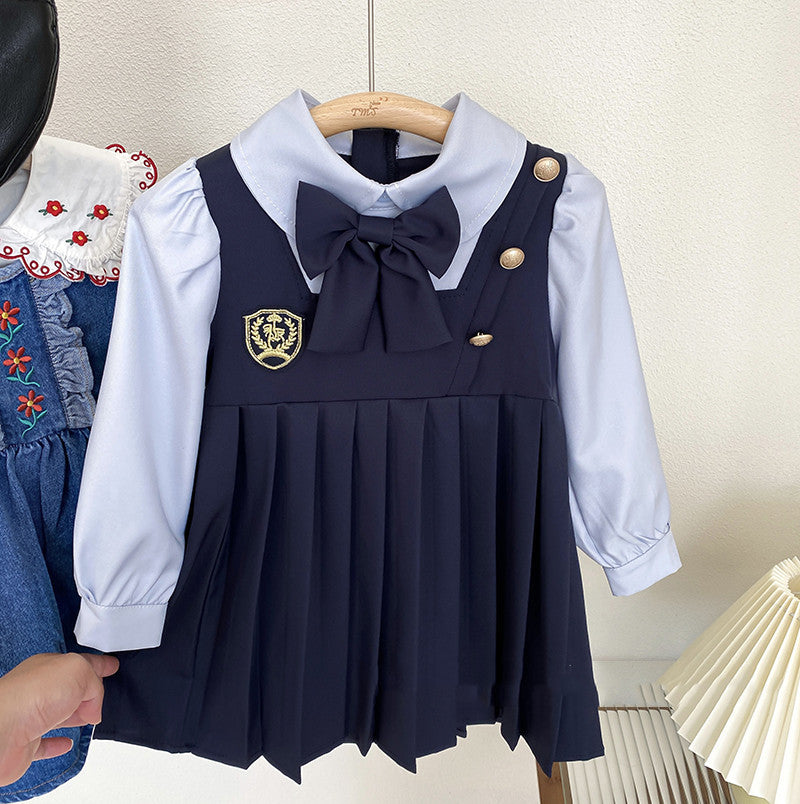 [363543] - Dress Plisket Bordir Lengan Panjang Import Anak Perempuan - Motif Badge Ribbon