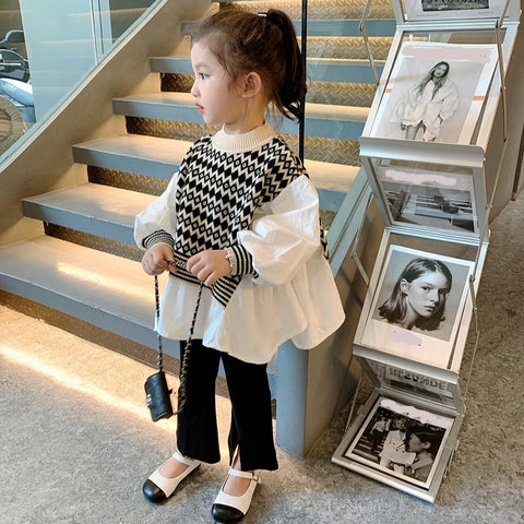 [363557] - Oneset Anak Cewek Korea Elegan Look Setelan Blouse Rajut Balon Sweater Celana Panjang Cutbray Anak Perempuan - Motif Diamond Line