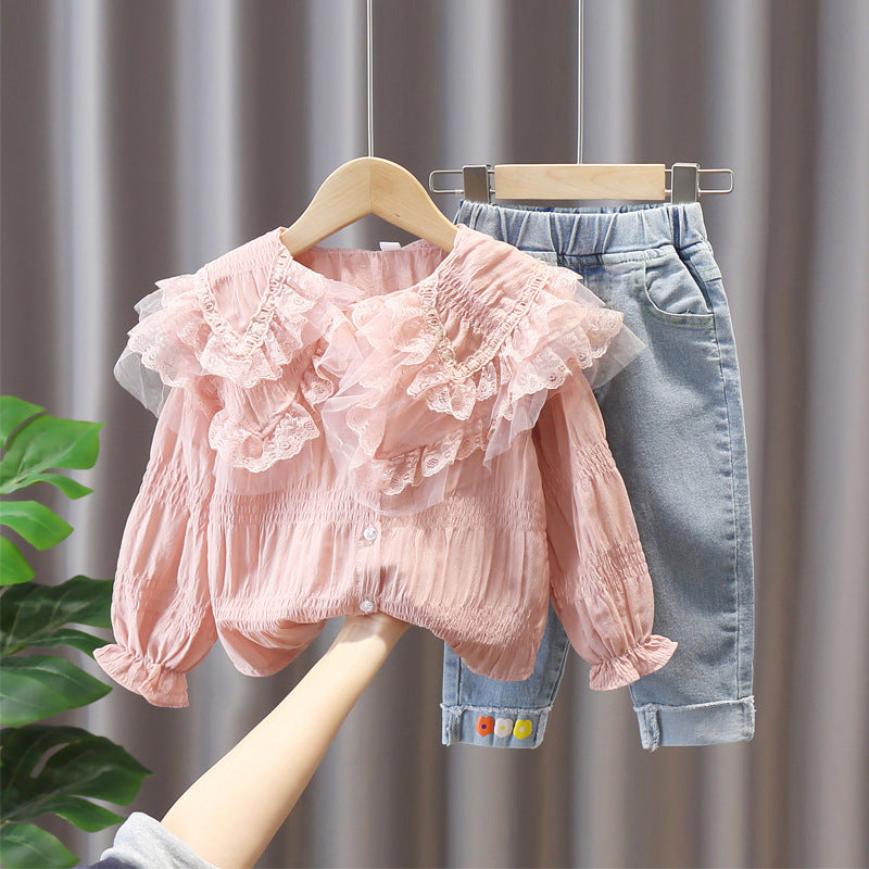 [363562] - Oneset Korea Look Setelan Blouse Ruffle Celana Panjang Jeans Anak Perempuan - Motif Smooth Waves [Baju Kain Tipis Menerawang]