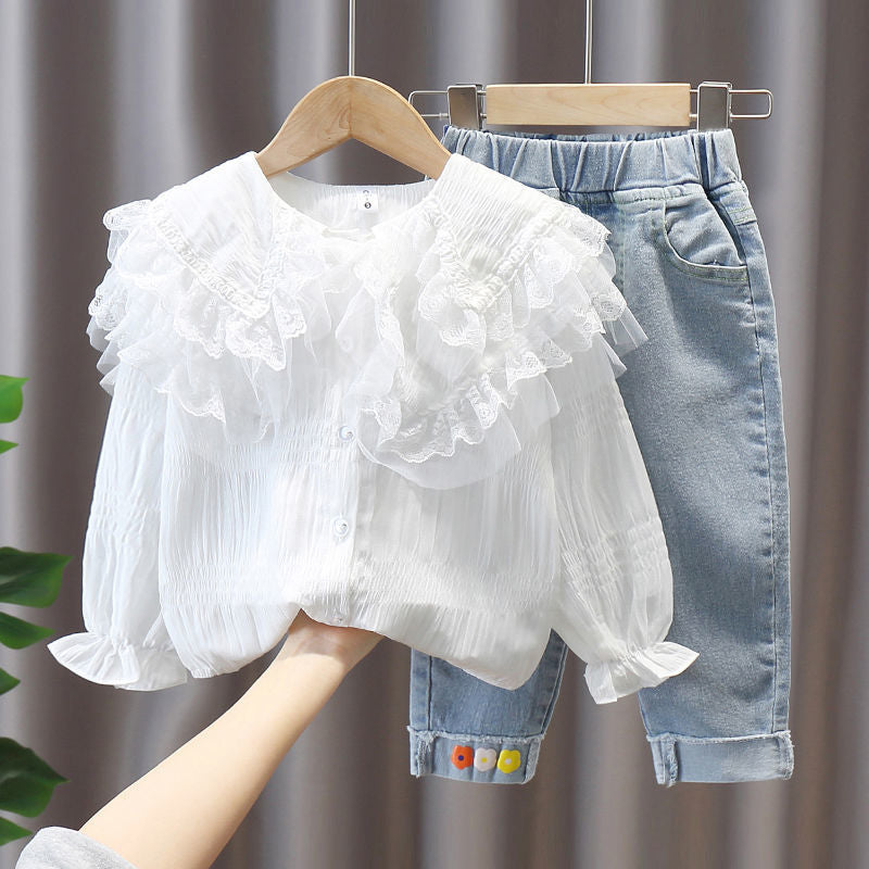 [363562] - Oneset Korea Look Setelan Blouse Ruffle Celana Panjang Jeans Anak Perempuan - Motif Smooth Waves [Baju Kain Tipis Menerawang]
