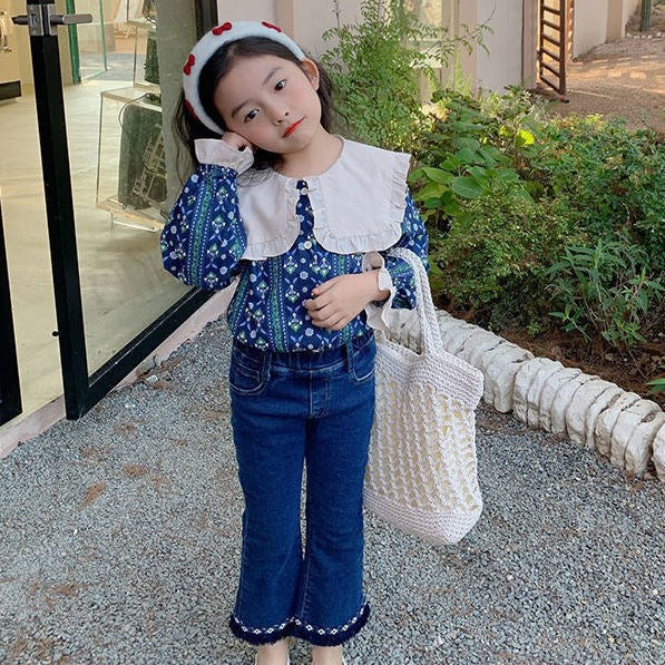 [363563] - Setelan Blouse Celana Jeans Cutbray Anak Perempuan - Motif Vertical Pattern