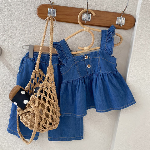 [363570] - Setelan Blouse Kutung Denim Celana Kulot Anak Perempuan - Motif Plain Lace