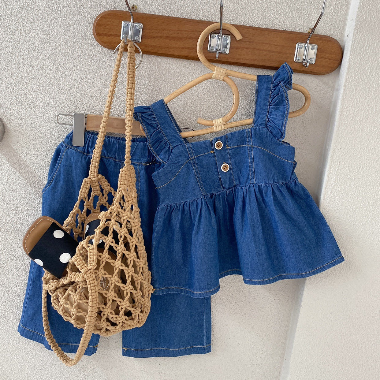 [363570] - Setelan Blouse Kutung Denim Celana Kulot Anak Perempuan - Motif Plain Lace