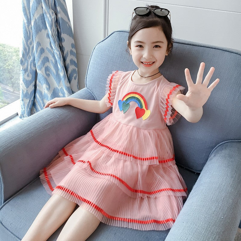[363573] - Dress Lengan Kutung Bordir Import Anak Perempuan - Motif Rainbow Love