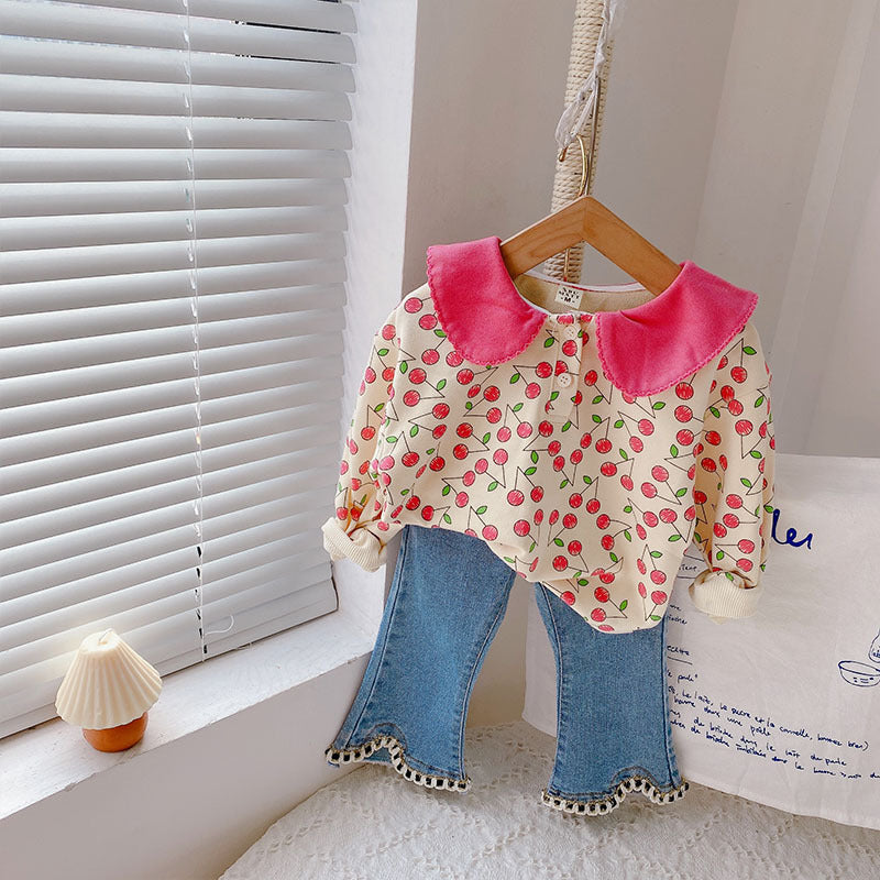 [363574] - Setelan Blouse Celana Panjang Jeans Cutbray Anak Perempuan - Motif Cherry Pattern