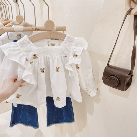 [363577] - Oneset Anak Cewek Lucu Setelan Blouse Bordir Celana Panjang Jeans Anak Perempuan - Motif Small Bear [Bahan Baju Tipis Menerawang] - BABYHOKI STORE
