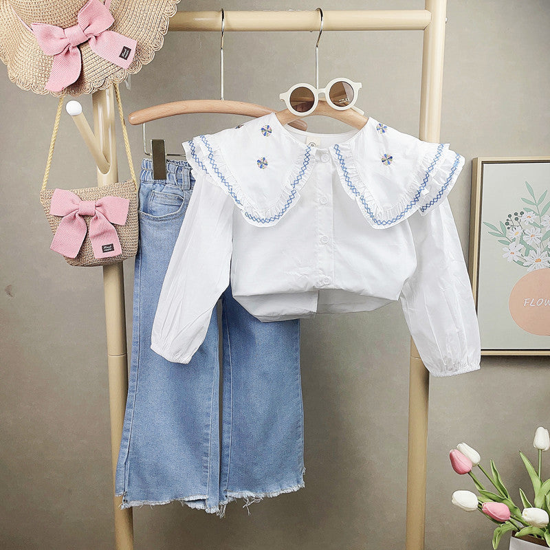 [363580] - Setelan Blouse Bordir Celana Jeans Kulot Rawis Anak Perempuan - Motif Knitted Lace