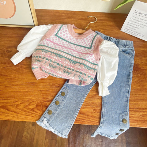 [363589] - Oneset 3in1 Setelan Baju  Fashion Blouse Rompi Rajut Knit Vest Celana Jeans Rawis Anak Perempuan Cewek - Motif Pattern
