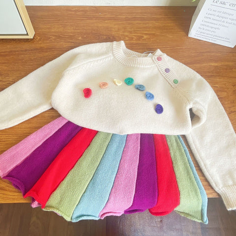 [363591] - Setelan Sweater Rajut Bawahan Rok Anak Perempuan - Motif Rainbow Button