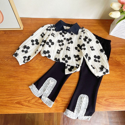 [363592] - Oneset Korea Anak Cewek Setelan Polo Blouse Celana Panjang Cutbray Anak Perempuan - Motif Flower Petals