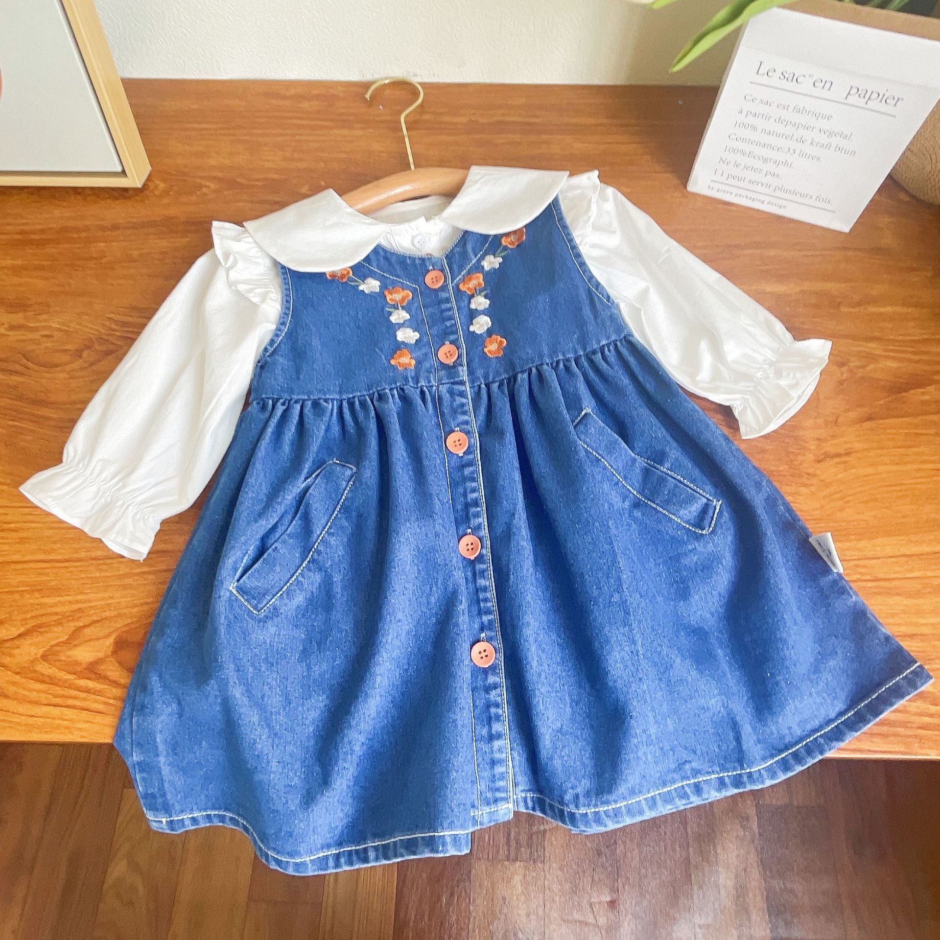 [363594] - Setelan Blouse Dress Denim Bordir Anak Perempuan - Motif Button Flower