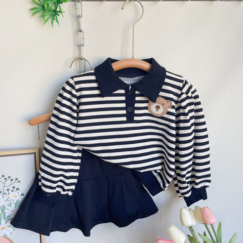 [363599] - Setelan Anak Cewek Baju Fashion Polo Kerah Bordir Bawahan Rok Anak Perempuan - Motif Line Bear