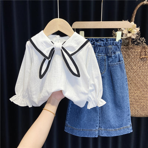 [363600] - Oneset Anak Cewek Pita Setelan Blouse Celana Jeans Kulot Anak Perempuan - Motif Long Collar