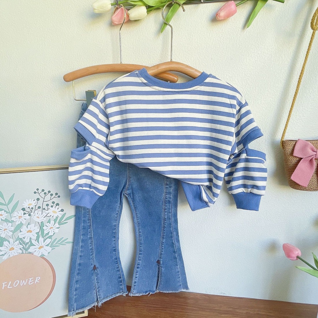 [363604] - Setelan Sweater Blouse Lengan Bolong Jeans Cutbray Import Anak Perempuan - Motif Striped