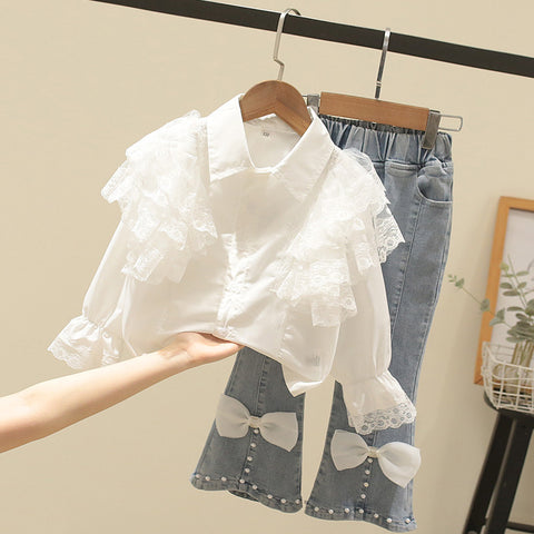 [363605] - Setelan Blouse Celana Panjang Jeans Cutbray Anak Perempuan - Motif Shoulder Lace