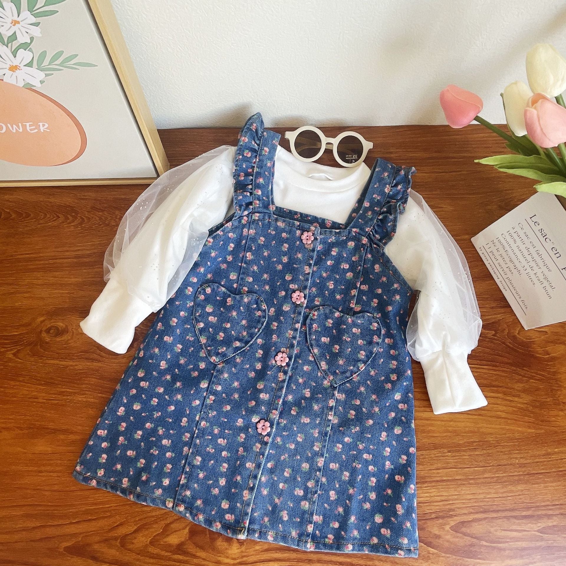 [363607] - Setelan Blouse Bawahan Overall Jeans Anak Perempuan - Motif Love Flower