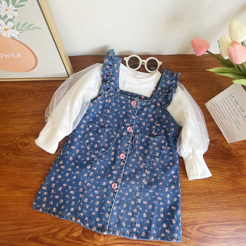 [363607] - Setelan Blouse Bawahan Overall Jeans Anak Perempuan - Motif Love Flower