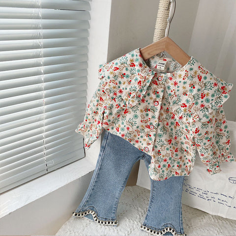 [363609] - Oneset Vintage Modern Setelan Baju Fashion Blouse Celana Jeans Cutbray Anak Perempuan - Motif Flower Chain