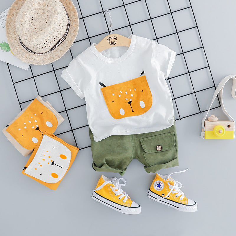 [367117-WHITE] - Baju Setelan Jalan 3D Anak Import  - Motif Big Pocket Animal