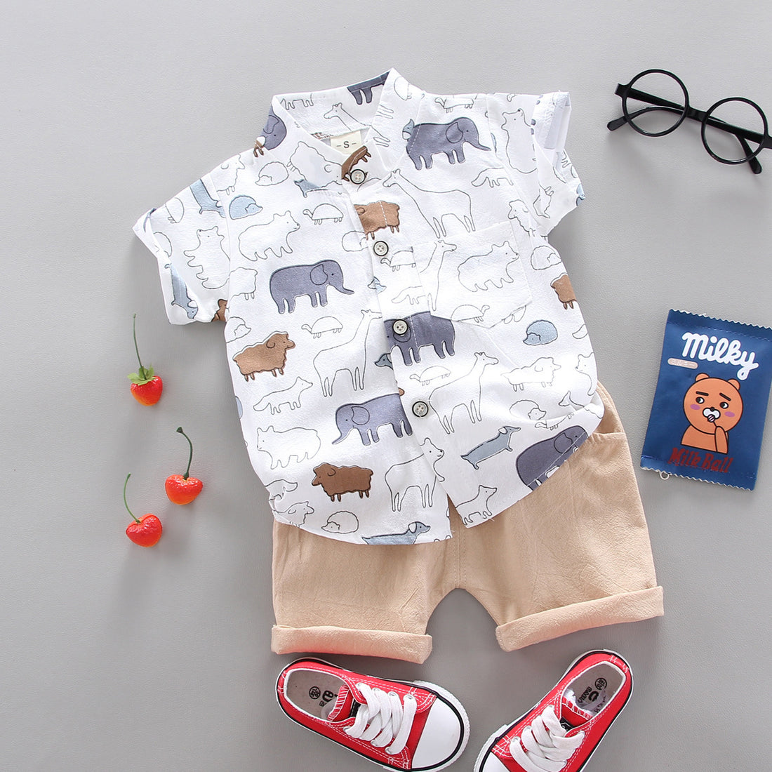 [368116-WHITE] - Setelan Kemeja Koko Anak / Setelan Fashion Anak Import - Motif Animal Pattern