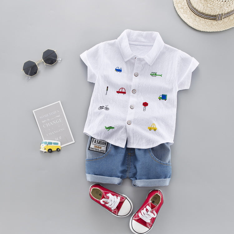 [368131-WHITE] - Setelan Fashion Kemeja Anak Import - Motif Small Transportation
