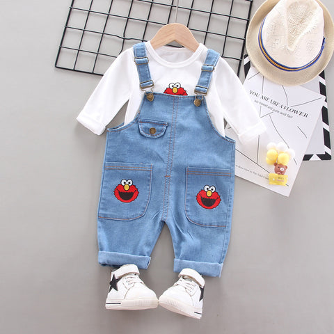 [368216-WHITE] - Baju Setelan Overall Trendi Anak - Motif Elmo Style