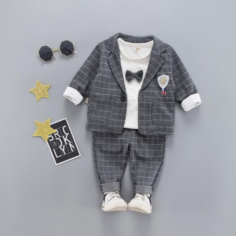 [368242-GRAY] - Setelan Formal 3 In 1 Keren Anak - Motif Windowpane Bow Tie