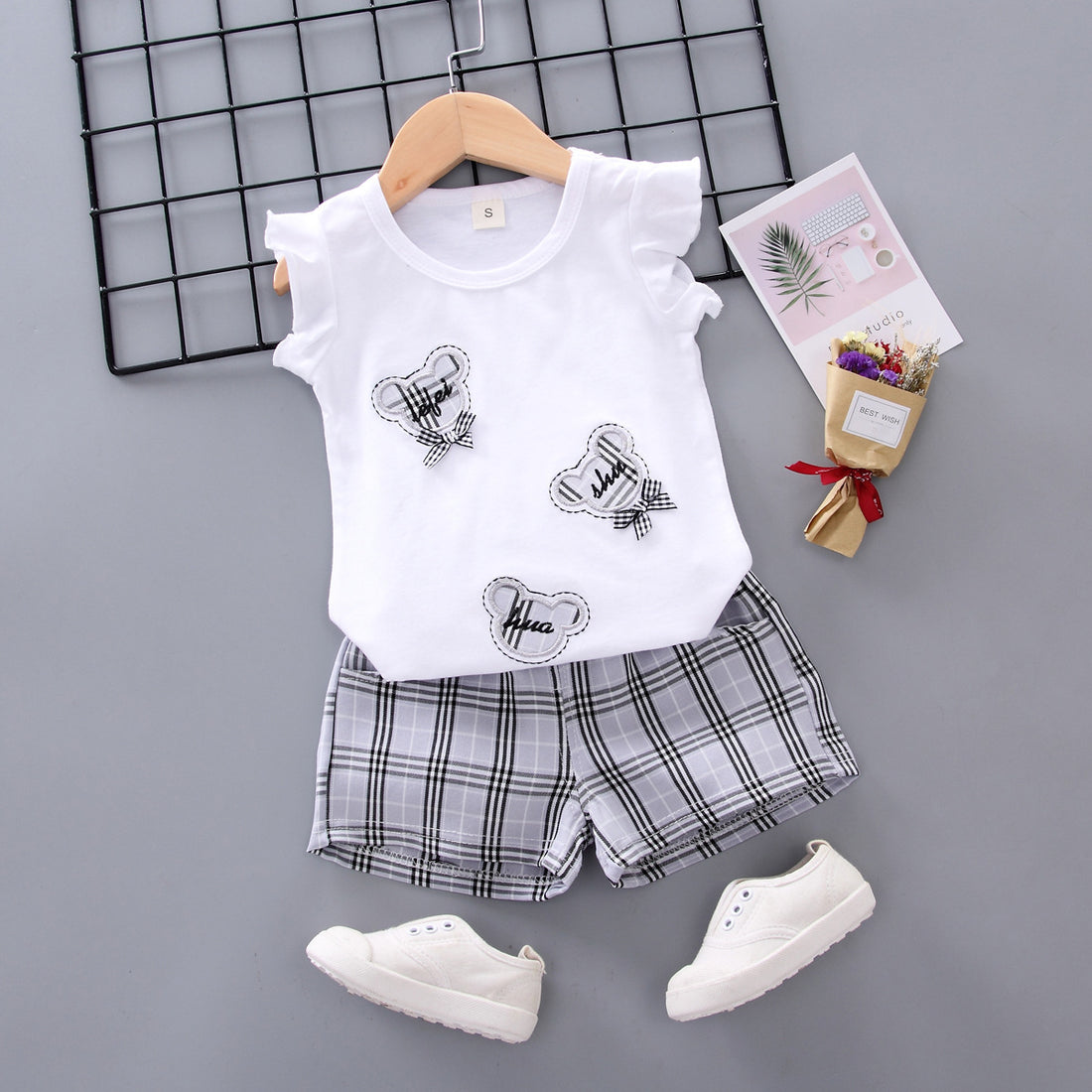 [368246-WHITE GRAY] - Baju Setelan Kutung Trendi Anak Import - Motif Tape Tartan Plaid
